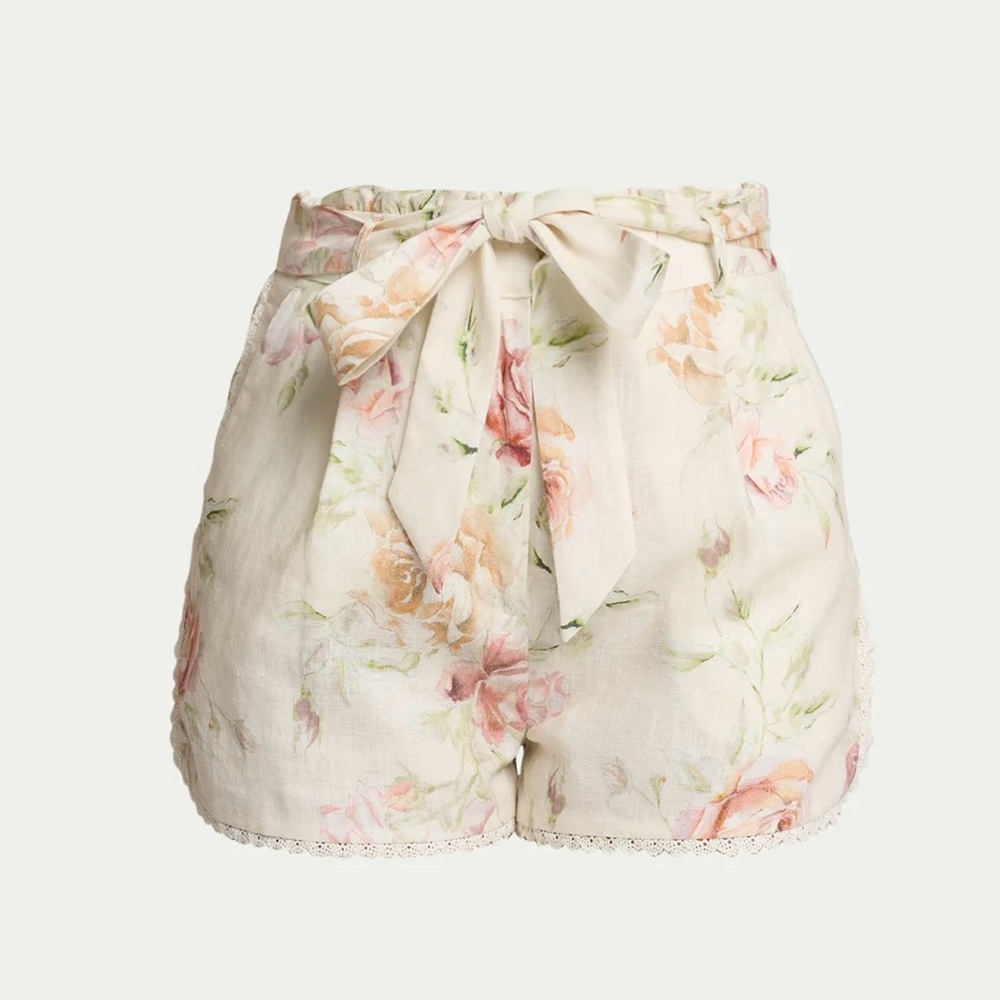 CAROLINE CONSTAS HIGH WAISTED LINEN FLORAL LACE TRIM PULL ON SHORTS with BELT XS
